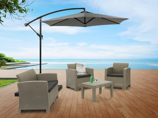 Grey 9ft cantilever patio umbrella with tilting feature, sturdy aluminum frame, weather-resistant fabric, and crank lift system, ideal for outdoor shade on patios or gardens.