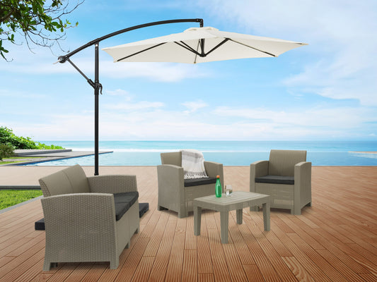 9ft cantilever patio umbrella in warm white with tilting feature, sturdy aluminum frame, UV-resistant fabric, and easy crank lift system, ideal for outdoor shade on patios or gardens.