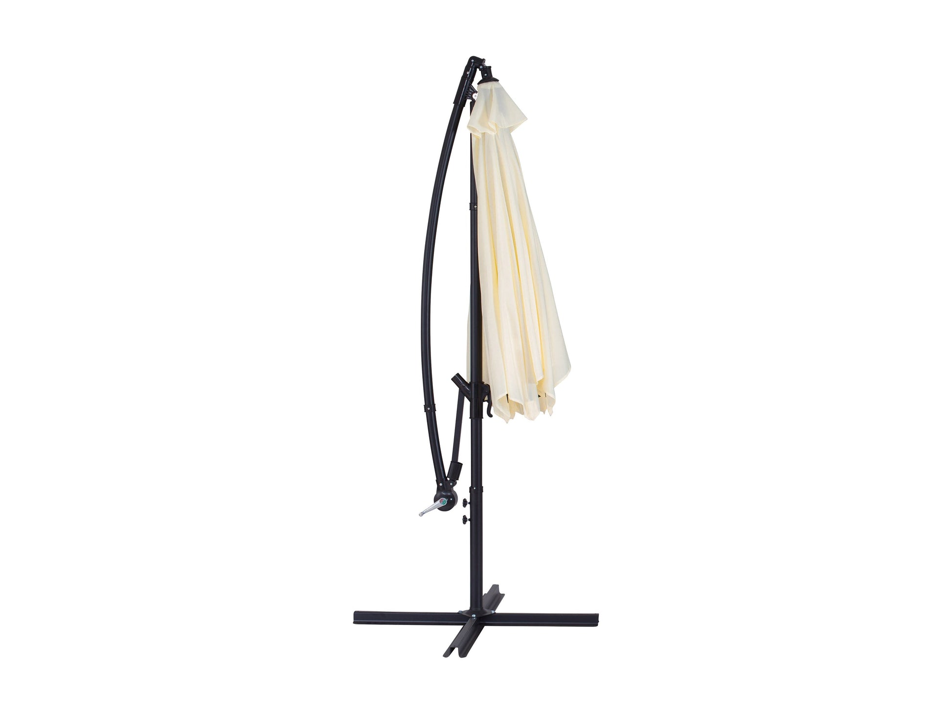 9ft cantilever patio umbrella in warm white with tilting feature, sturdy aluminum frame, UV-resistant fabric, and easy crank lift system, ideal for outdoor shade on patios or gardens.