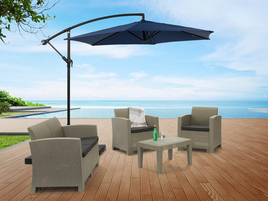 Navy blue 9ft cantilever patio umbrella with tilting feature, sturdy aluminum frame, and UV-resistant fabric, perfect for providing shade in outdoor spaces.