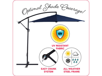 Navy blue 9ft cantilever patio umbrella with tilting feature, sturdy aluminum frame, and UV-resistant fabric, perfect for providing shade in outdoor spaces.
