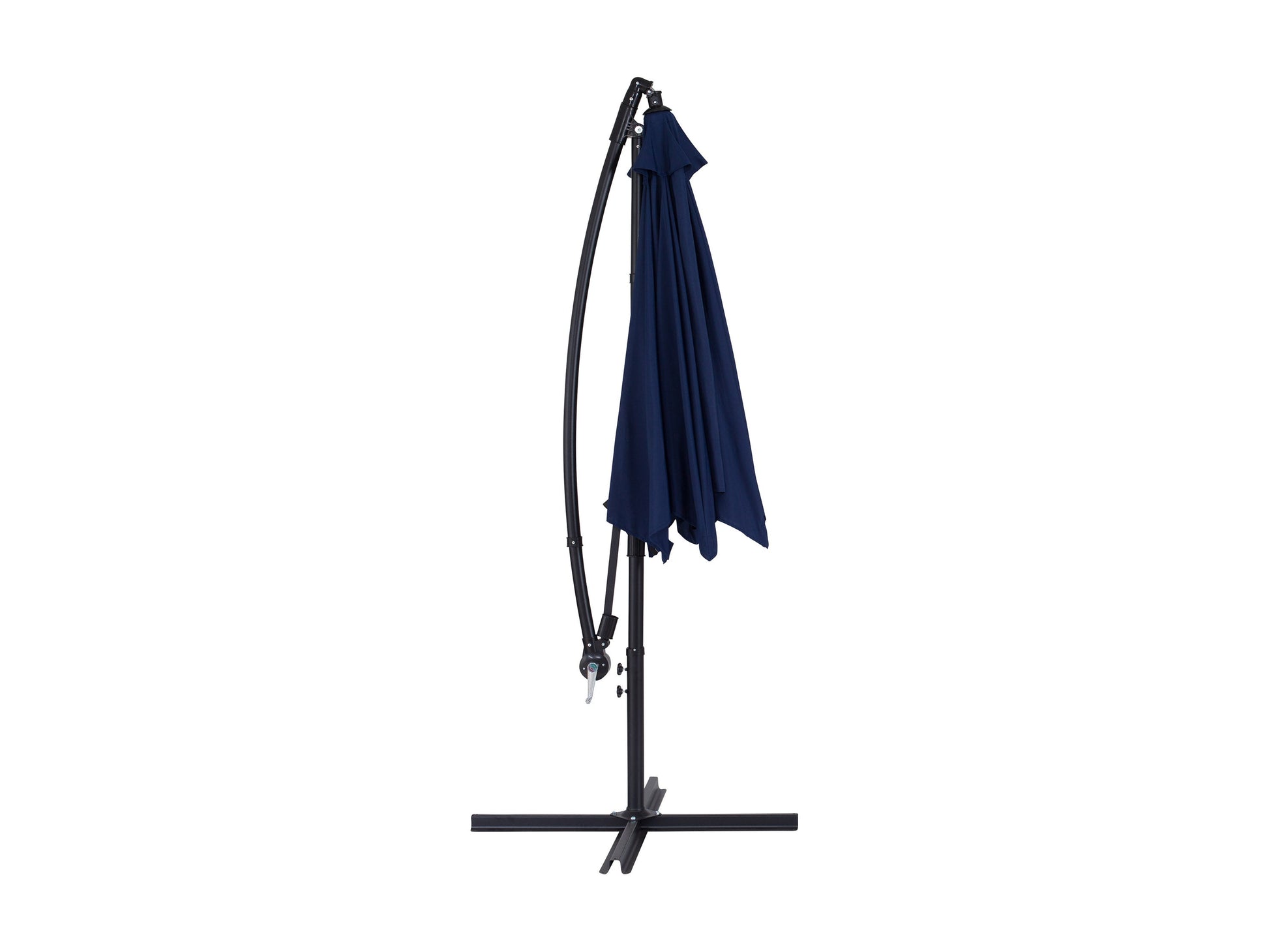 Navy blue 9ft cantilever patio umbrella with tilting feature, sturdy aluminum frame, and UV-resistant fabric, perfect for providing shade in outdoor spaces.
