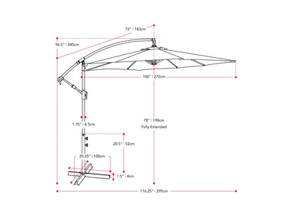 Wine red 9ft cantilever patio umbrella with tilting feature, sturdy aluminum frame, UV-resistant fabric, and crank lift system for easy adjustment. Perfect for outdoor spaces like patios, gardens, and poolside areas.