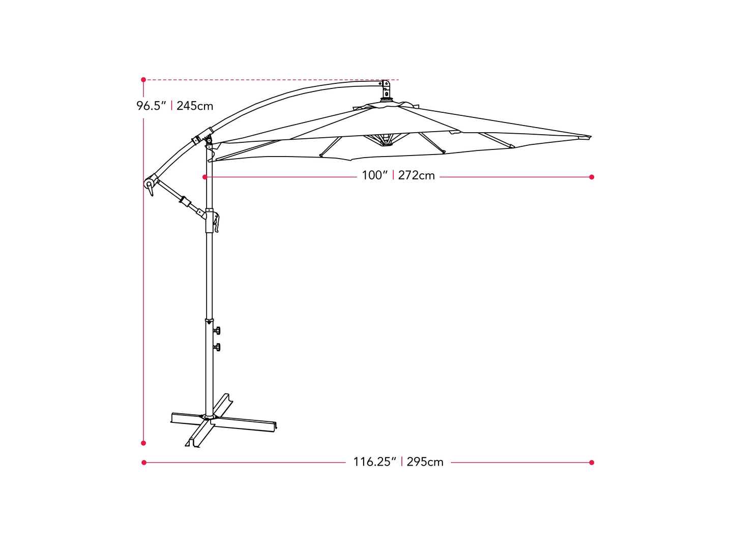 Wine red 9ft cantilever patio umbrella with tilting feature, sturdy aluminum frame, UV-resistant fabric, and crank lift system for easy adjustment. Perfect for outdoor spaces like patios, gardens, and poolside areas.