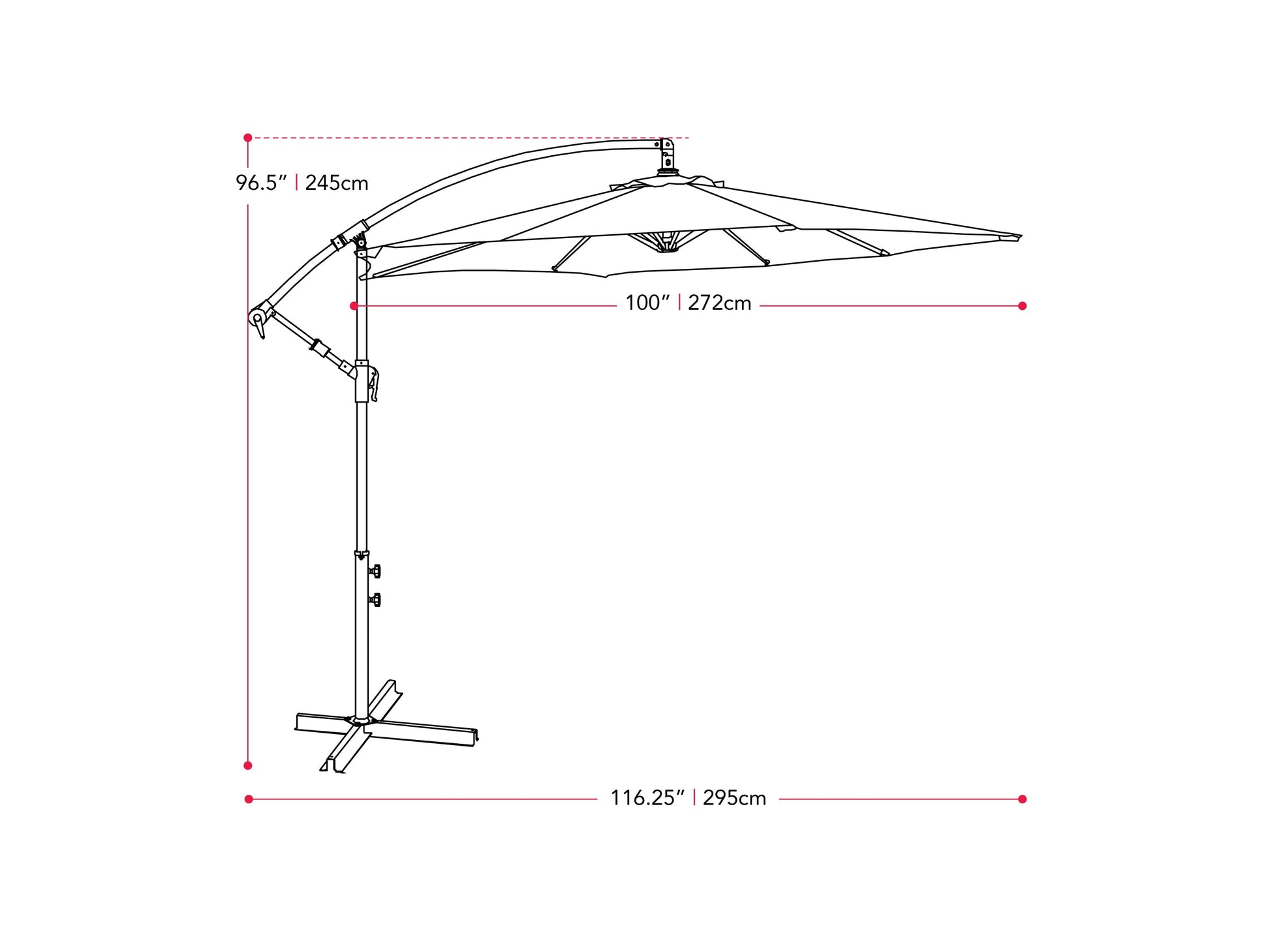 Wine red 9ft cantilever patio umbrella with tilting feature, sturdy aluminum frame, UV-resistant fabric, and crank lift system for easy adjustment. Perfect for outdoor spaces like patios, gardens, and poolside areas.