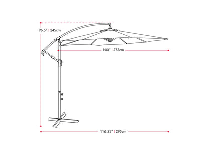Wine red 9ft cantilever patio umbrella with tilting feature, sturdy aluminum frame, UV-resistant fabric, and crank lift system for easy adjustment. Perfect for outdoor spaces like patios, gardens, and poolside areas.