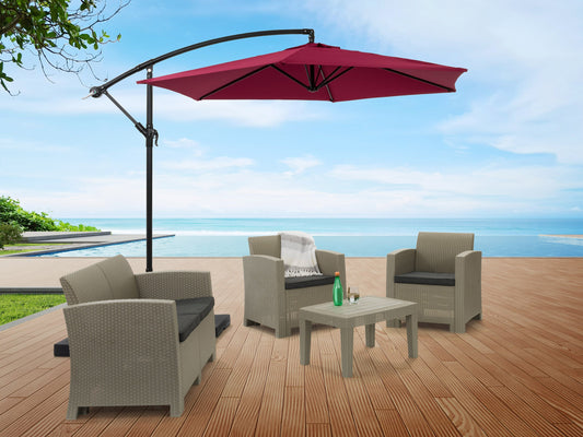 Wine red 9ft cantilever patio umbrella with tilting feature, sturdy aluminum frame, UV-resistant fabric, and crank lift system for easy adjustment. Perfect for outdoor spaces like patios, gardens, and poolside areas.