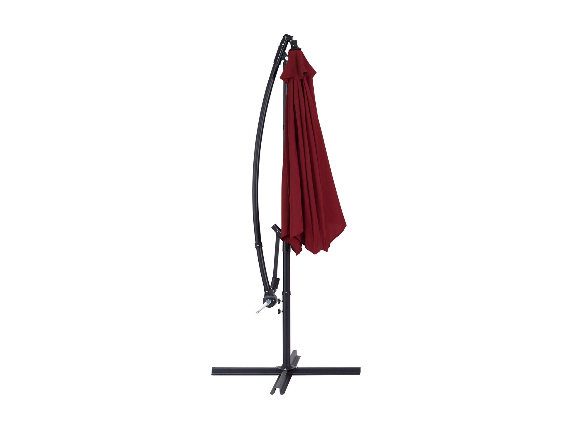Wine red 9ft cantilever patio umbrella with tilting feature, sturdy aluminum frame, UV-resistant fabric, and crank lift system for easy adjustment. Perfect for outdoor spaces like patios, gardens, and poolside areas.