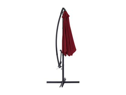 Wine red 9ft cantilever patio umbrella with tilting feature, sturdy aluminum frame, UV-resistant fabric, and crank lift system for easy adjustment. Perfect for outdoor spaces like patios, gardens, and poolside areas.