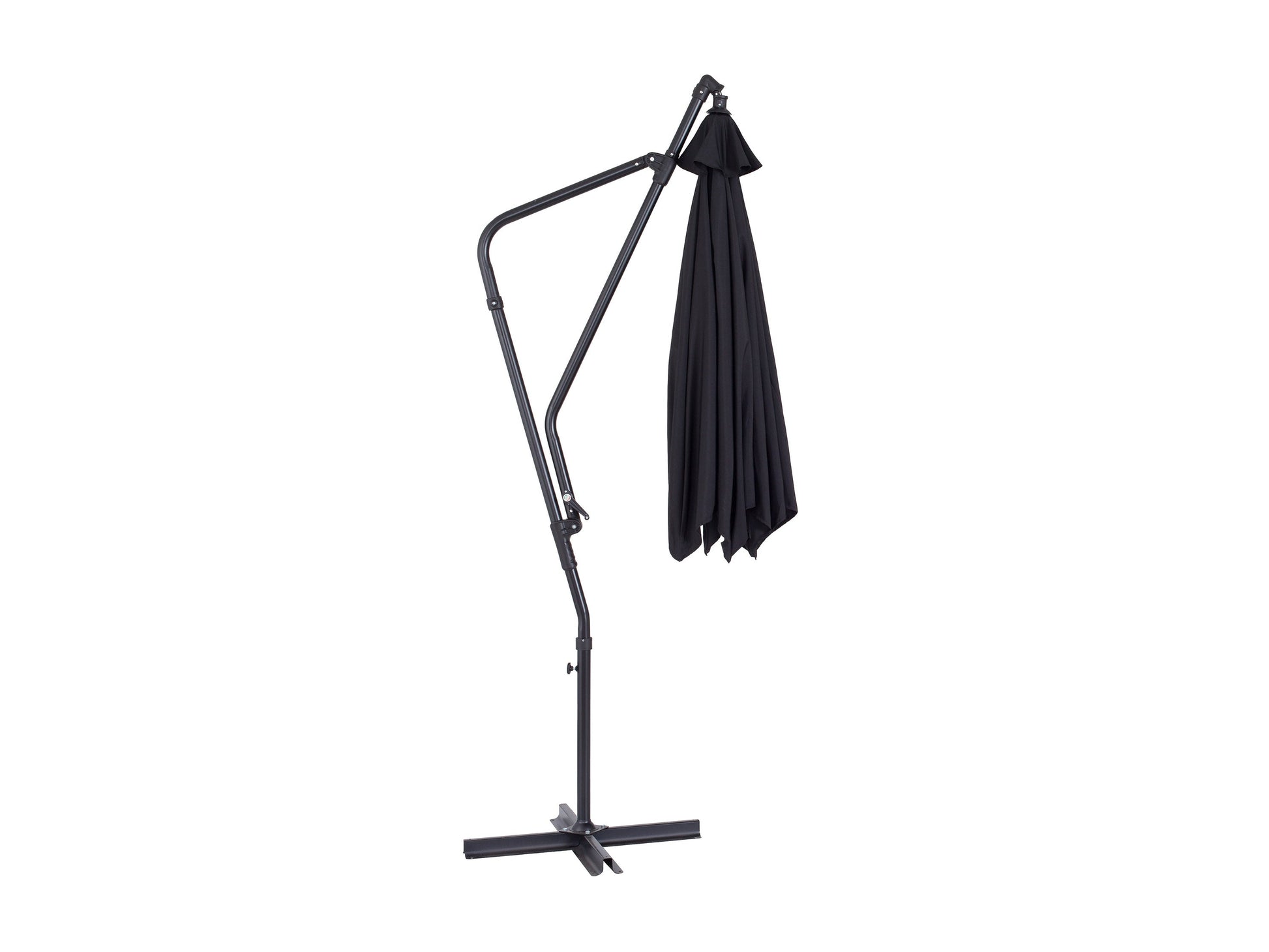 Black 10ft cantilever patio umbrella with tilting feature, sturdy aluminum frame, and UV-resistant fabric, providing ample shade for outdoor seating areas.