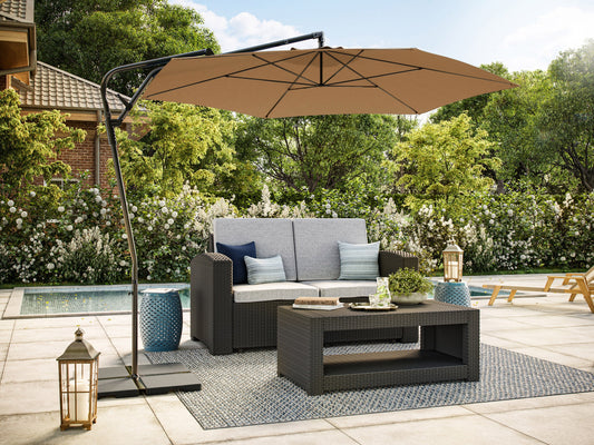 10ft taupe cantilever patio umbrella with tilting feature, sturdy aluminum frame, and UV-resistant fabric, ideal for outdoor shade on decks, patios, and gardens.