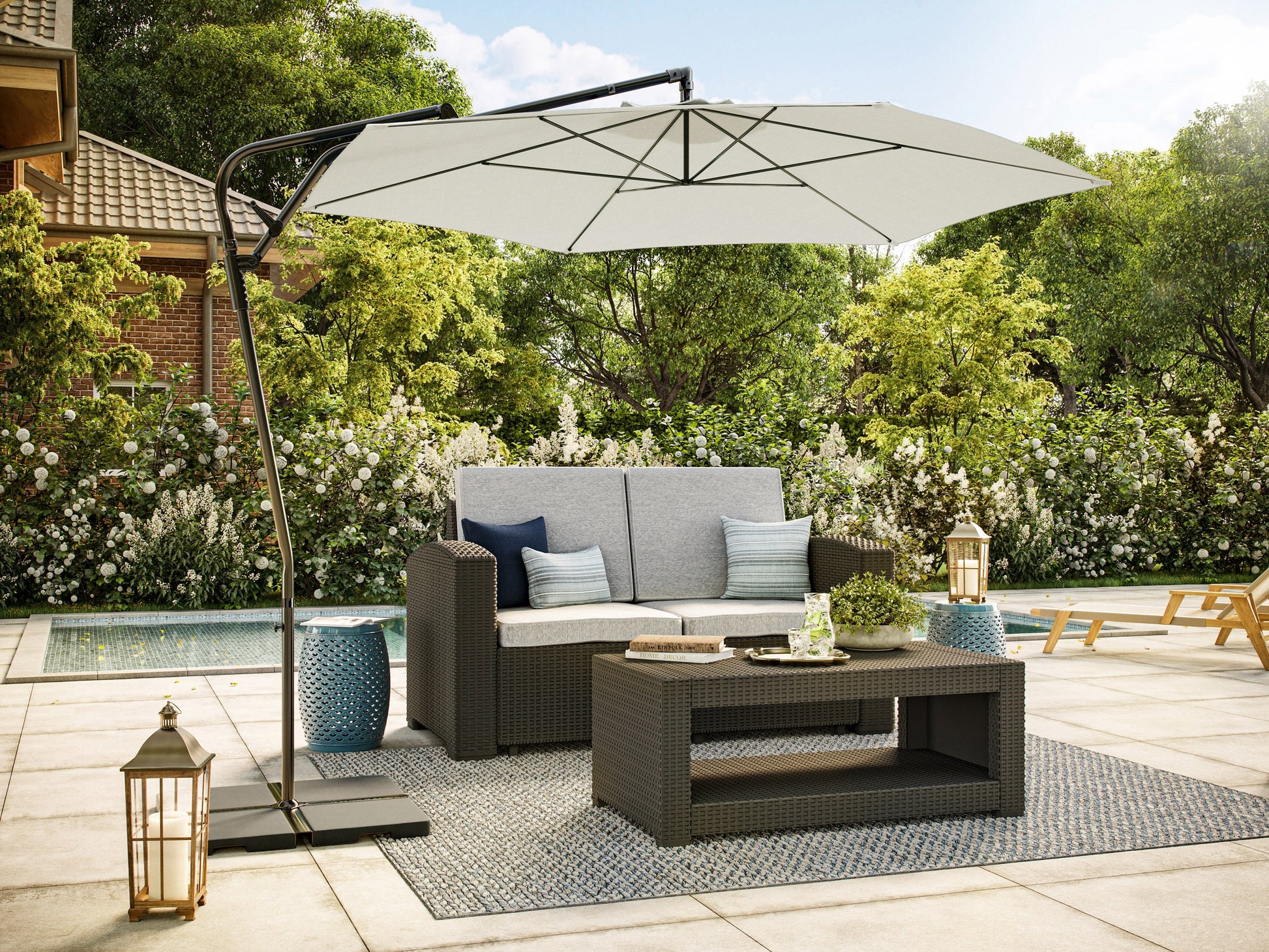 10ft cantilever patio umbrella in warm white with tilting feature, sturdy aluminum frame, and UV-resistant canopy, perfect for outdoor shading and garden decor.