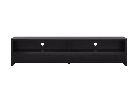 Black TV stand with sleek design, fits TVs up to 95 inches, featuring tempered glass shelves, cable management system, and sturdy metal frame for modern living rooms.