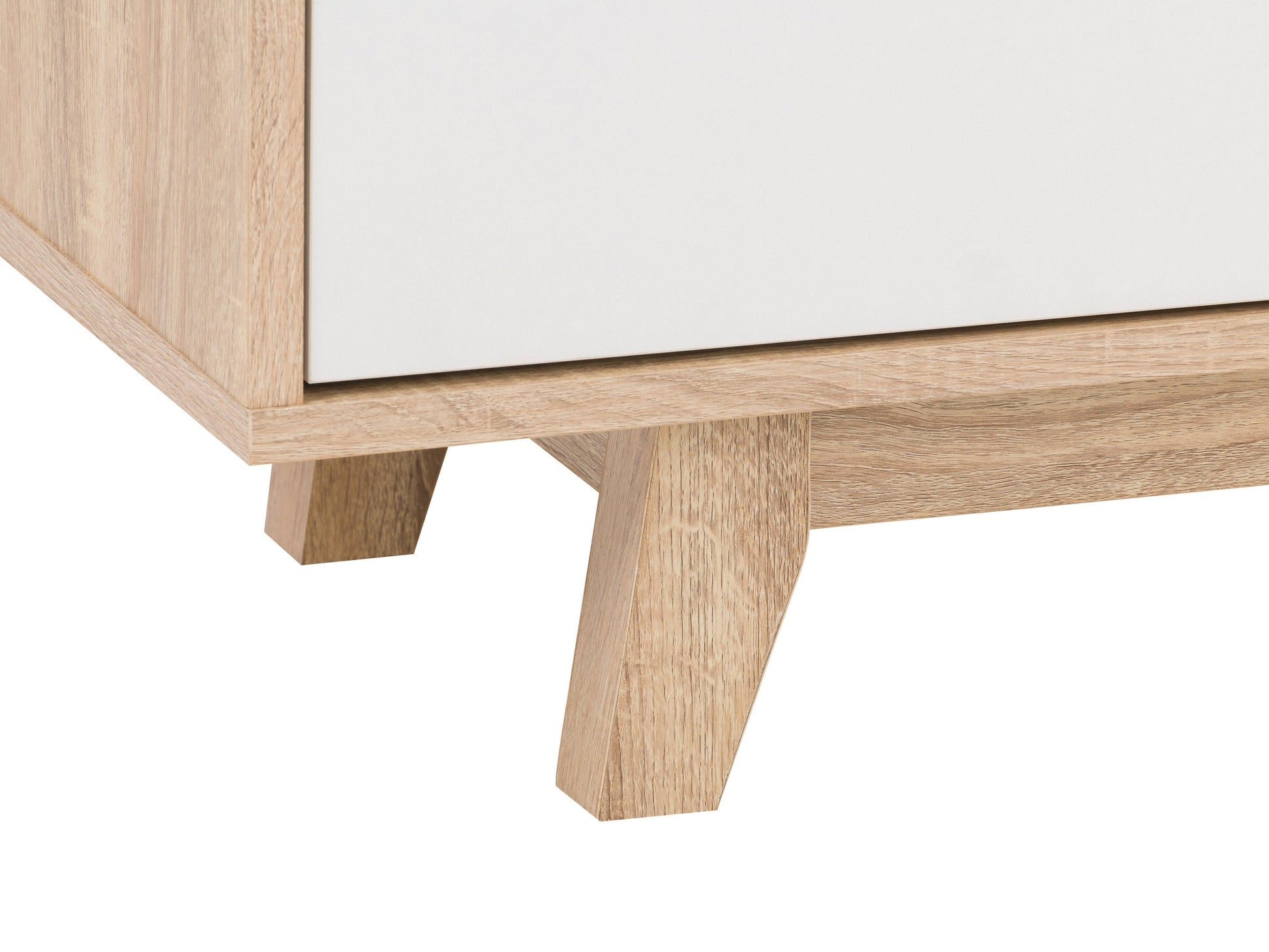White and dark brown wood TV stand with two open shelves and two cabinets, suitable for TVs up to 68 inches. Features a modern design with a smooth finish, perfect for contemporary living rooms.