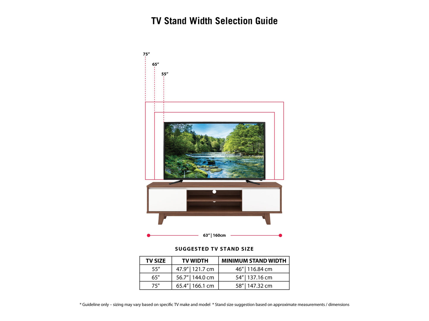 White and dark brown wood TV stand with two open shelves and two cabinets, suitable for TVs up to 68 inches. Features a modern design with a smooth finish, perfect for contemporary living rooms.