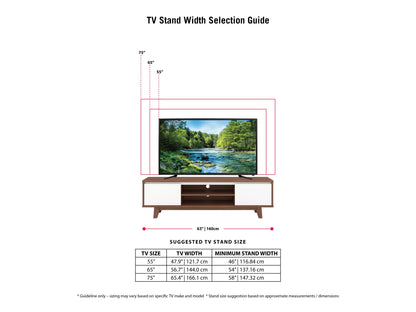 White and dark brown wood TV stand with two open shelves and two cabinets, suitable for TVs up to 68 inches. Features a modern design with a smooth finish, perfect for contemporary living rooms.