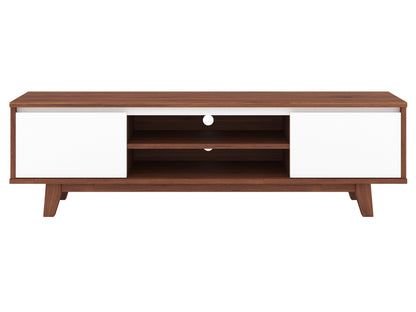 White and dark brown wood TV stand with two open shelves and two cabinets, suitable for TVs up to 68 inches. Features a modern design with a smooth finish, perfect for contemporary living rooms.