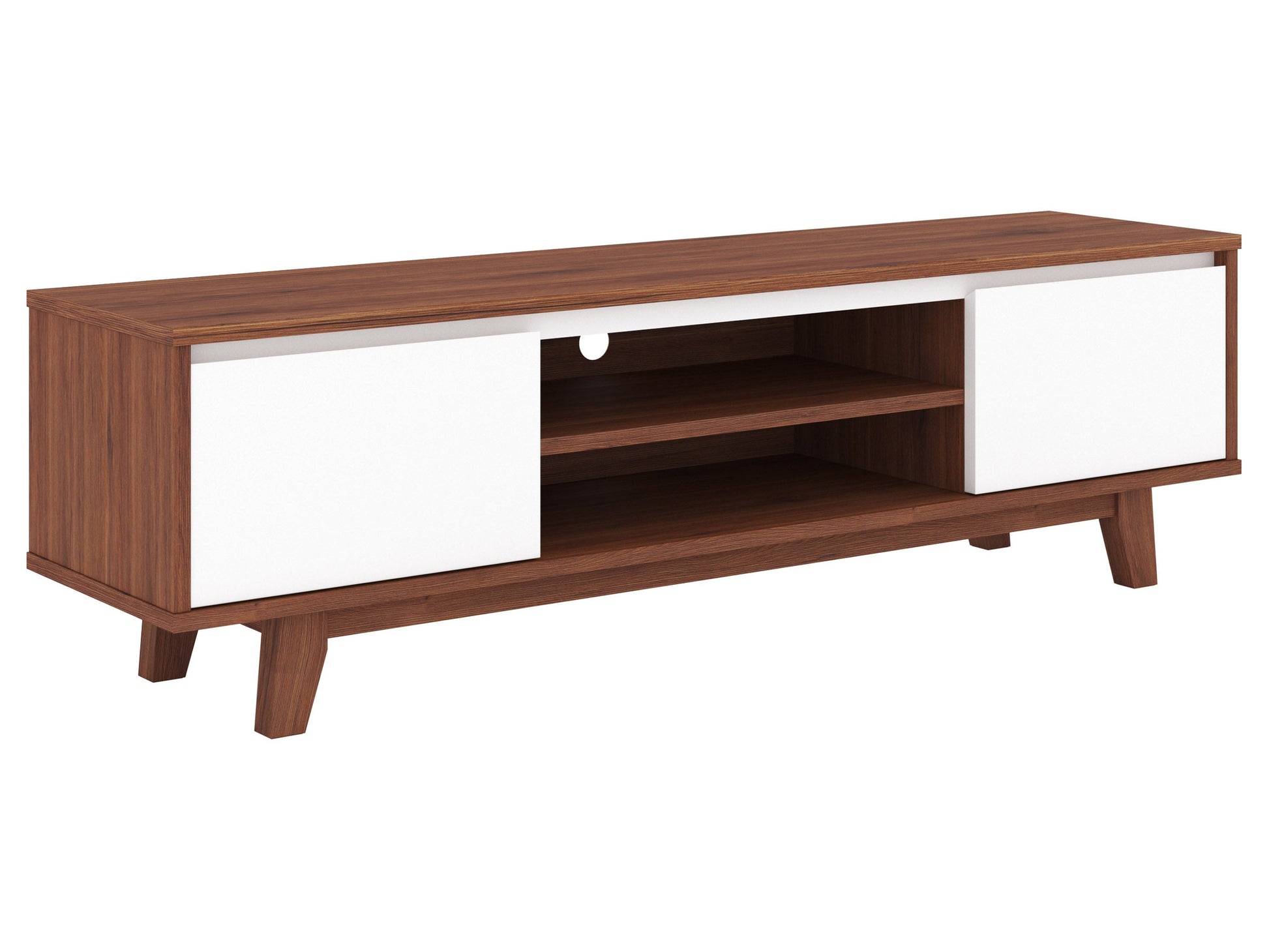 White and dark brown wood TV stand with two open shelves and two cabinets, suitable for TVs up to 68 inches. Features a modern design with a smooth finish, perfect for contemporary living rooms.