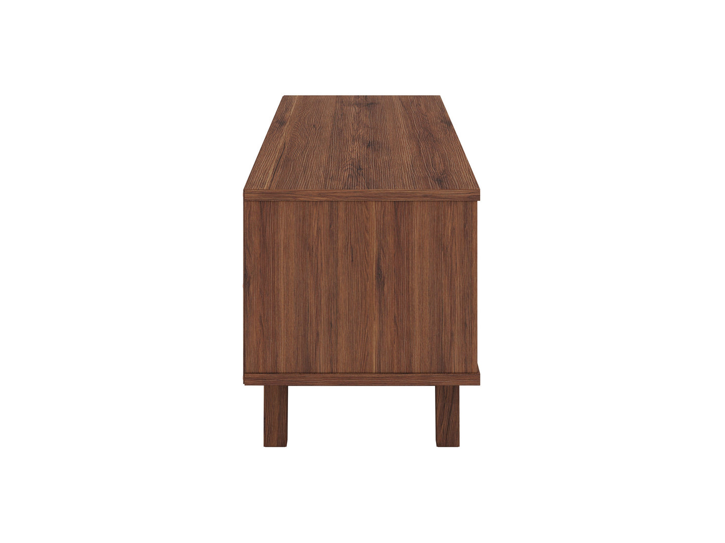 White and dark brown wood TV stand with two open shelves and two cabinets, suitable for TVs up to 68 inches. Features a modern design with a smooth finish, perfect for contemporary living rooms.