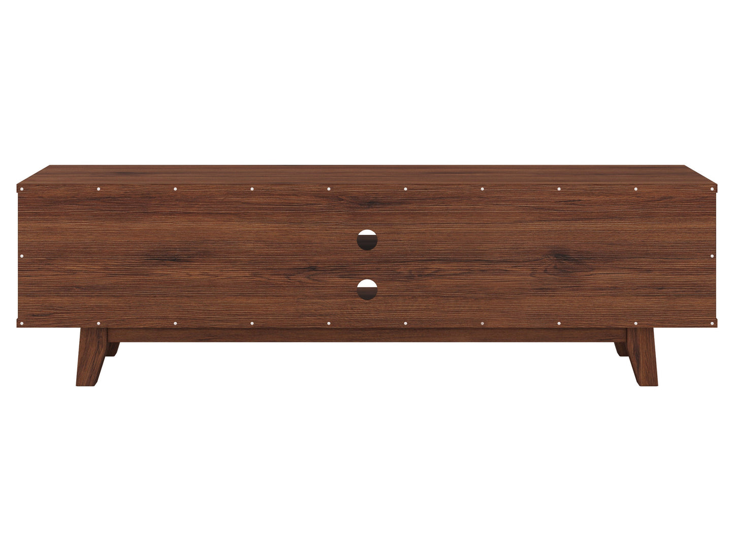 White and dark brown wood TV stand with two open shelves and two cabinets, suitable for TVs up to 68 inches. Features a modern design with a smooth finish, perfect for contemporary living rooms.