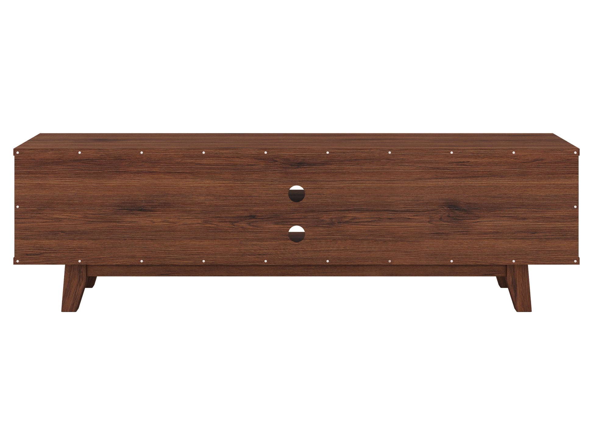 White and dark brown wood TV stand with two open shelves and two cabinets, suitable for TVs up to 68 inches. Features a modern design with a smooth finish, perfect for contemporary living rooms.