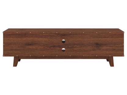White and dark brown wood TV stand with two open shelves and two cabinets, suitable for TVs up to 68 inches. Features a modern design with a smooth finish, perfect for contemporary living rooms.