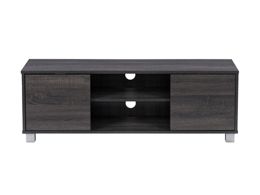 Dark grey modern TV stand for TVs up to 55 inches, featuring sleek lines, sturdy wooden construction, open shelving, and cable management system. Perfect for contemporary living rooms and entertainment areas.