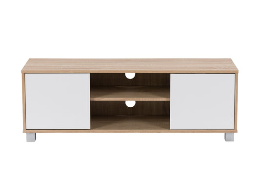 Modern TV stand for TVs up to 55 inches, featuring a sleek brown wood finish with white accents, open shelving, and closed storage compartments for a stylish and functional living room centerpiece.