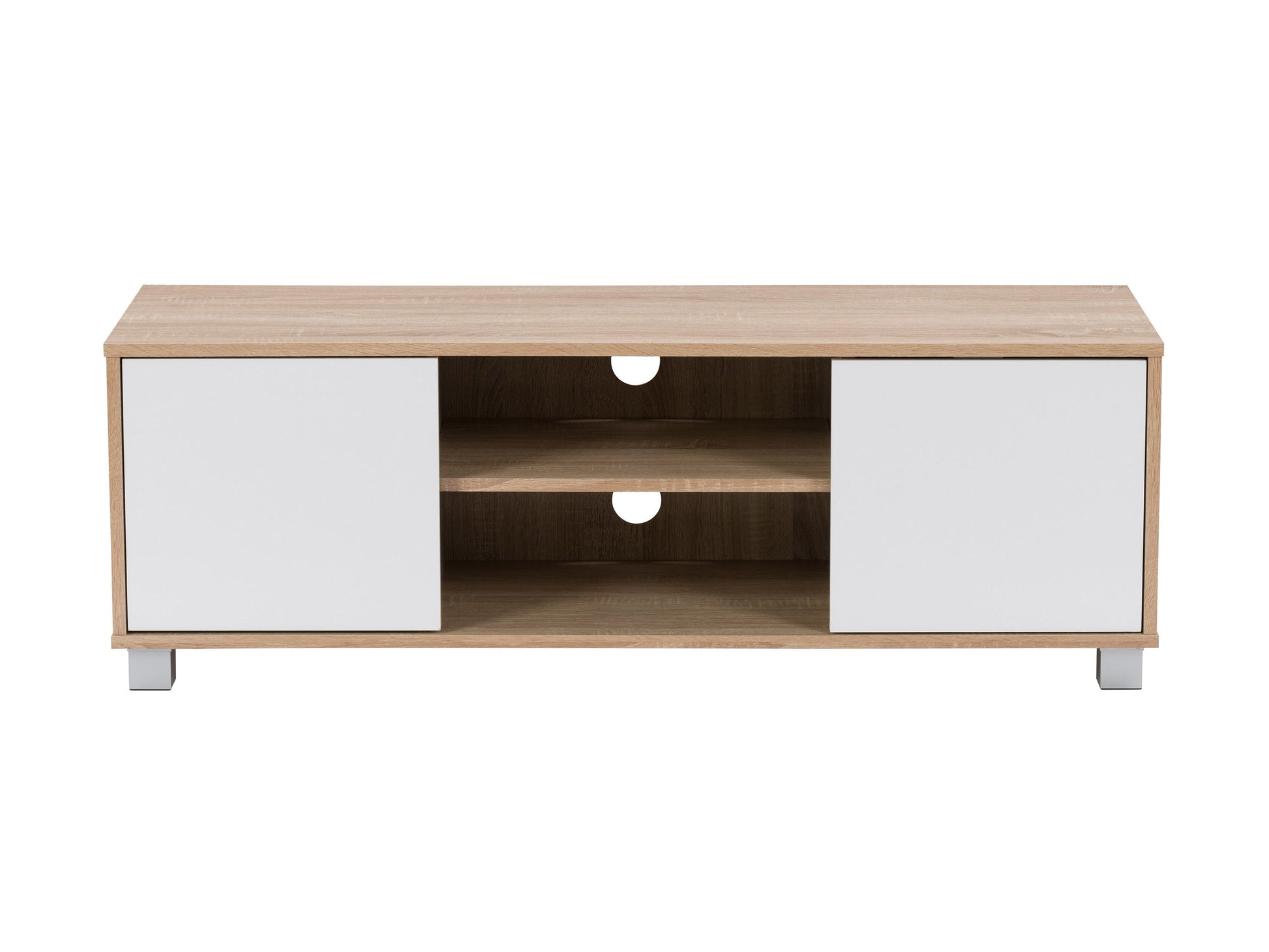 Modern TV stand for TVs up to 55 inches, featuring a sleek brown wood finish with white accents, open shelving, and closed storage compartments for a stylish and functional living room centerpiece.