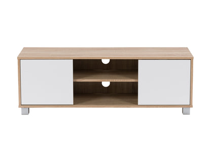 Modern TV stand for TVs up to 55 inches, featuring a sleek brown wood finish with white accents, open shelving, and closed storage compartments for a stylish and functional living room centerpiece.