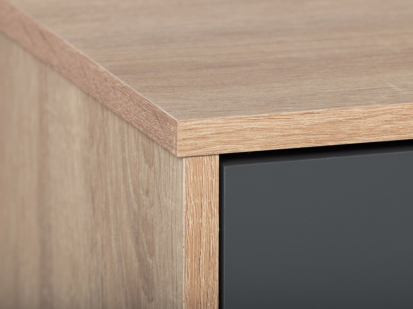 Light wood and grey TV stand with open and closed storage, fits TVs up to 85 inches, featuring a sleek design, multiple shelves, and cabinet doors for organized media equipment storage.