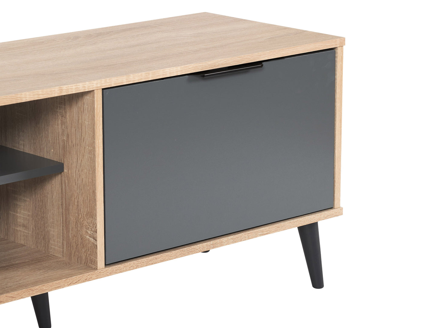 Light wood and grey TV stand with open and closed storage, fits TVs up to 85 inches, featuring a sleek design, multiple shelves, and cabinet doors for organized media equipment storage.