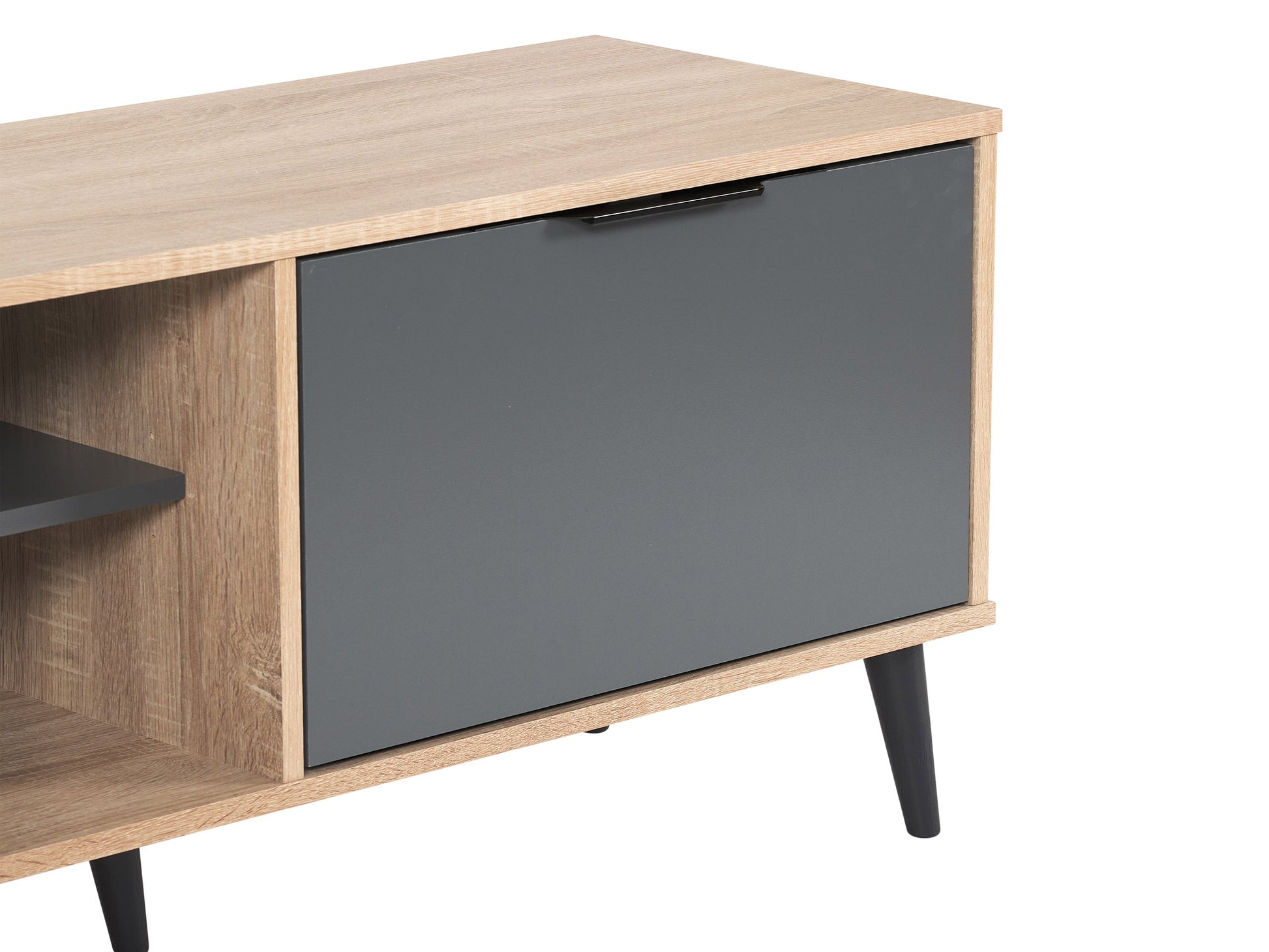 Light wood and grey TV stand with open and closed storage, fits TVs up to 85 inches, featuring a sleek design, multiple shelves, and cabinet doors for organized media equipment storage.
