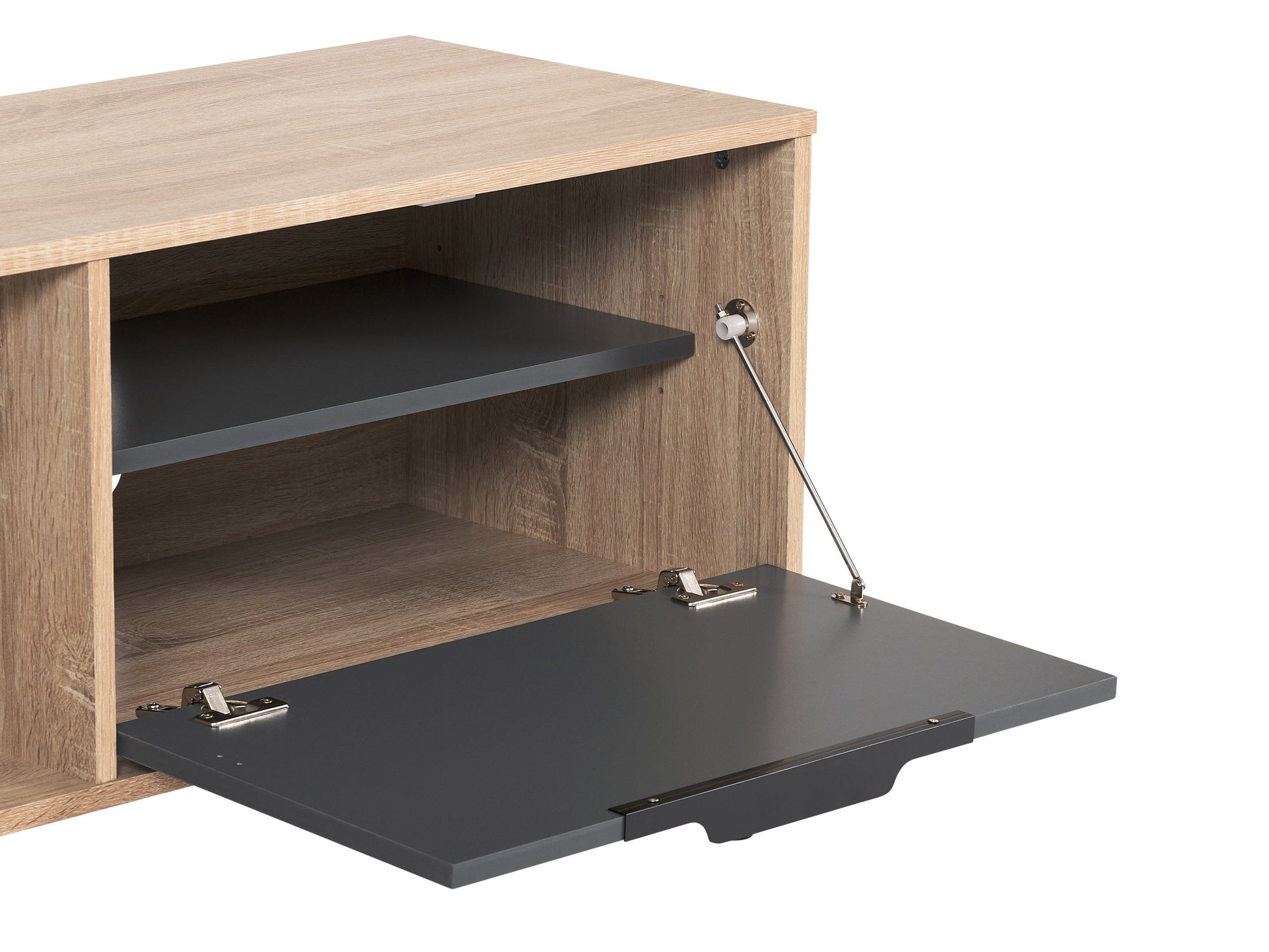 Light wood and grey TV stand with open and closed storage, fits TVs up to 85 inches, featuring a sleek design, multiple shelves, and cabinet doors for organized media equipment storage.