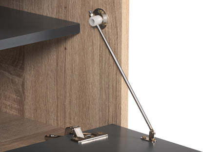 Light wood and grey TV stand with open and closed storage, fits TVs up to 85 inches, featuring a sleek design, multiple shelves, and cabinet doors for organized media equipment storage.