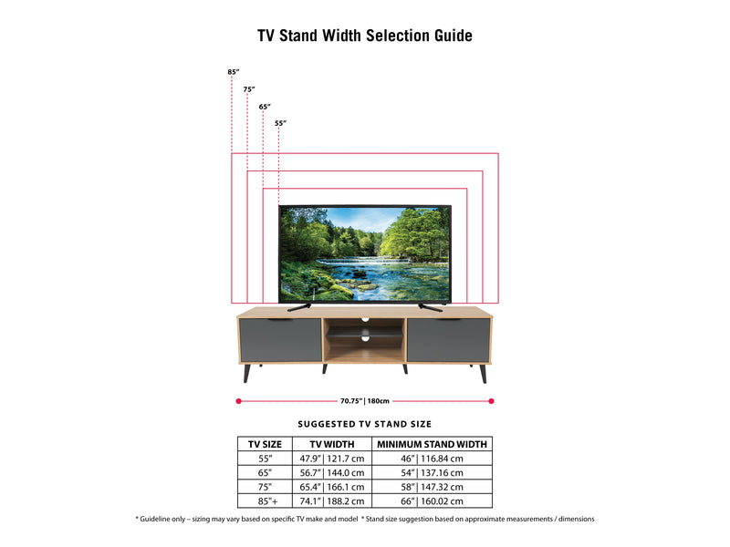 light wood and grey TV Bench - Open & Closed Storage, TVs up to 85" Cole Collection infographic by CorLiving