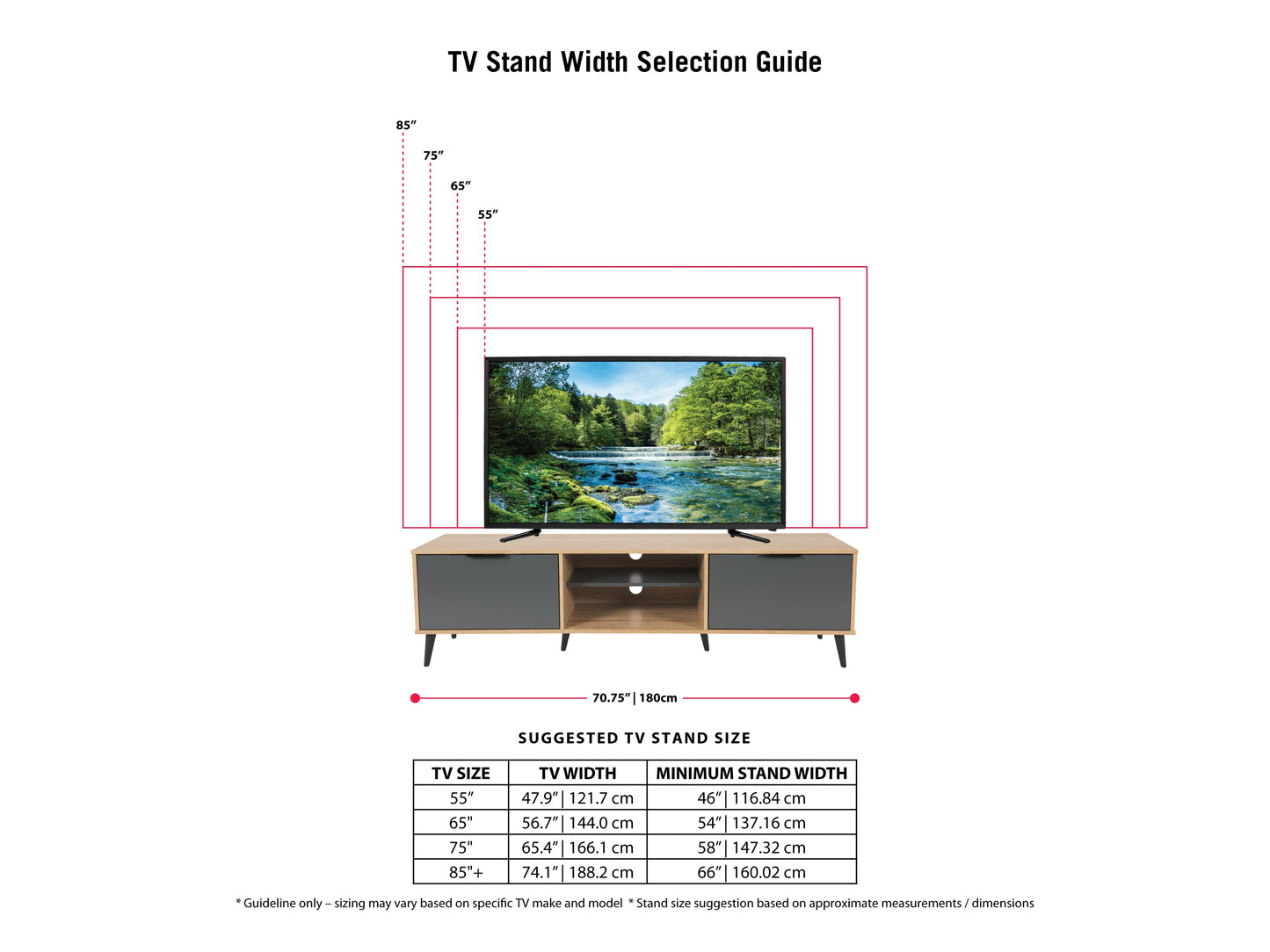 Light wood and grey TV stand with open and closed storage, fits TVs up to 85 inches, featuring a sleek design, multiple shelves, and cabinet doors for organized media equipment storage.