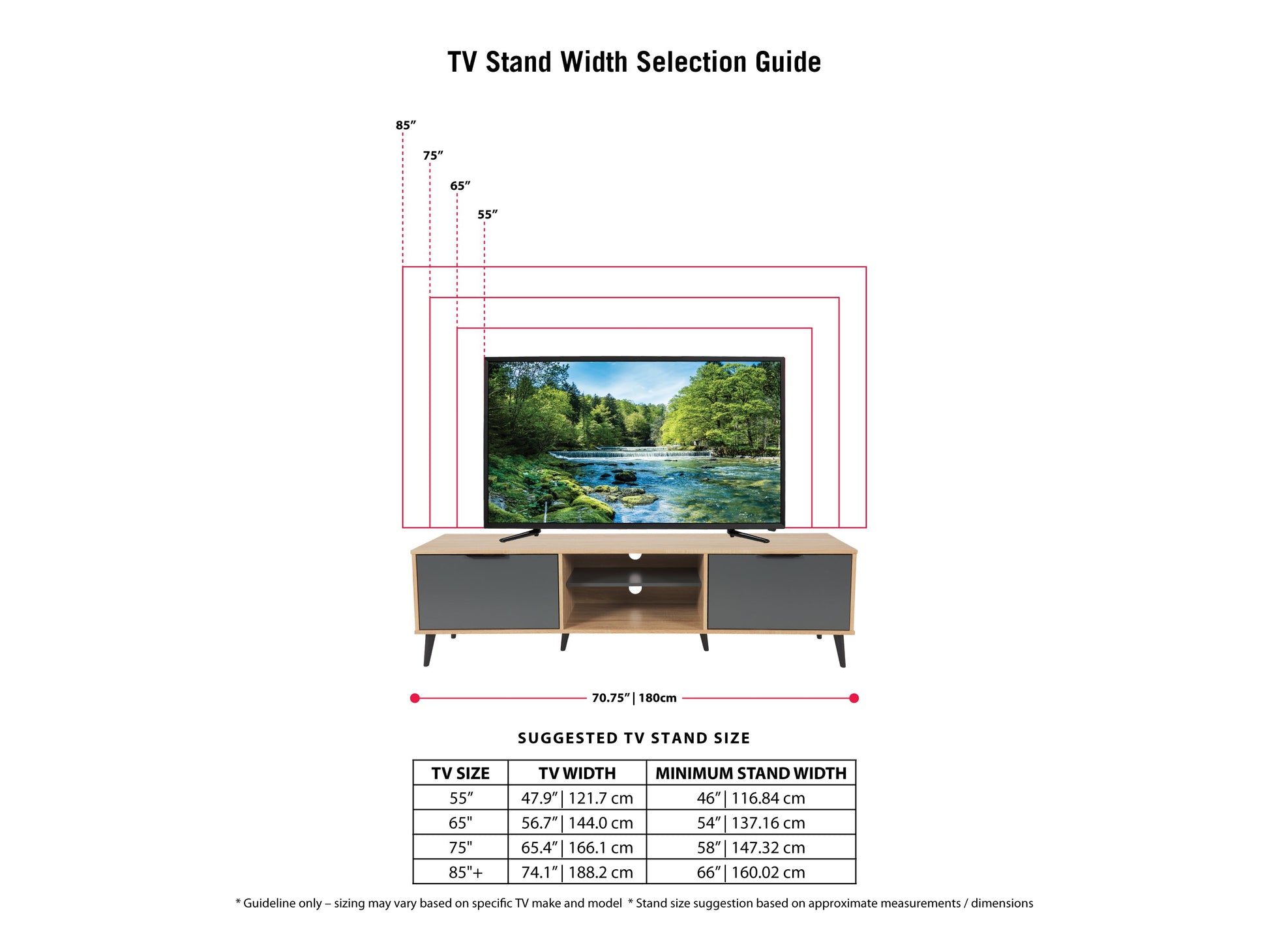 Light wood and grey TV stand with open and closed storage, fits TVs up to 85 inches, featuring a sleek design, multiple shelves, and cabinet doors for organized media equipment storage.