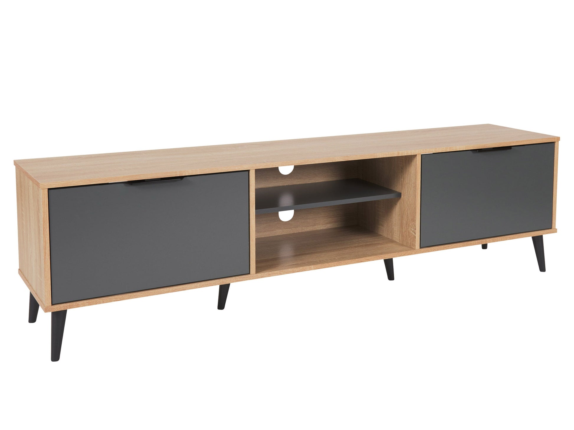 Light wood and grey TV stand with open and closed storage, fits TVs up to 85 inches, featuring a sleek design, multiple shelves, and cabinet doors for organized media equipment storage.