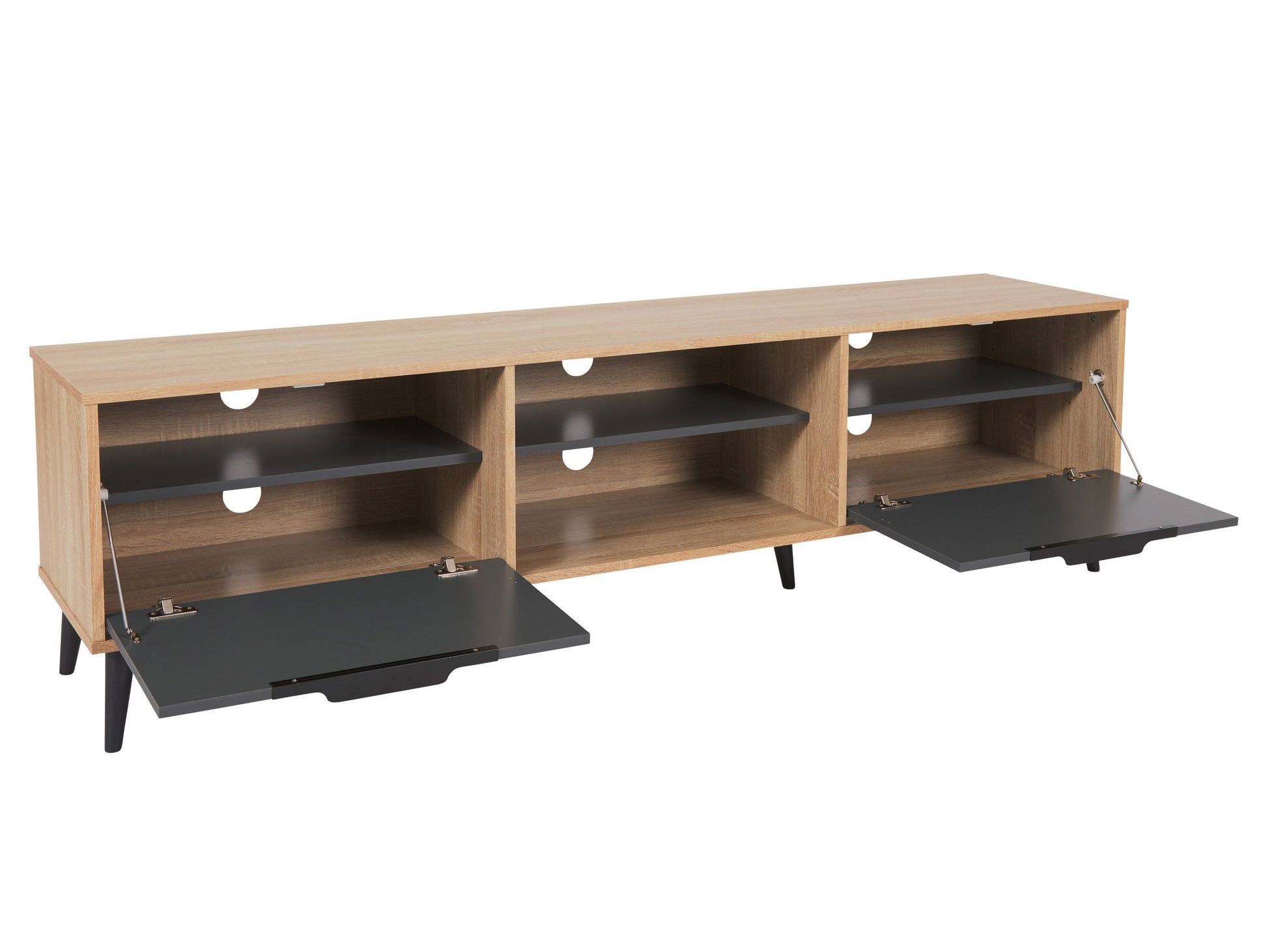 Light wood and grey TV stand with open and closed storage, fits TVs up to 85 inches, featuring a sleek design, multiple shelves, and cabinet doors for organized media equipment storage.