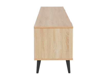 Light wood and grey TV stand with open and closed storage, fits TVs up to 85 inches, featuring a sleek design, multiple shelves, and cabinet doors for organized media equipment storage.