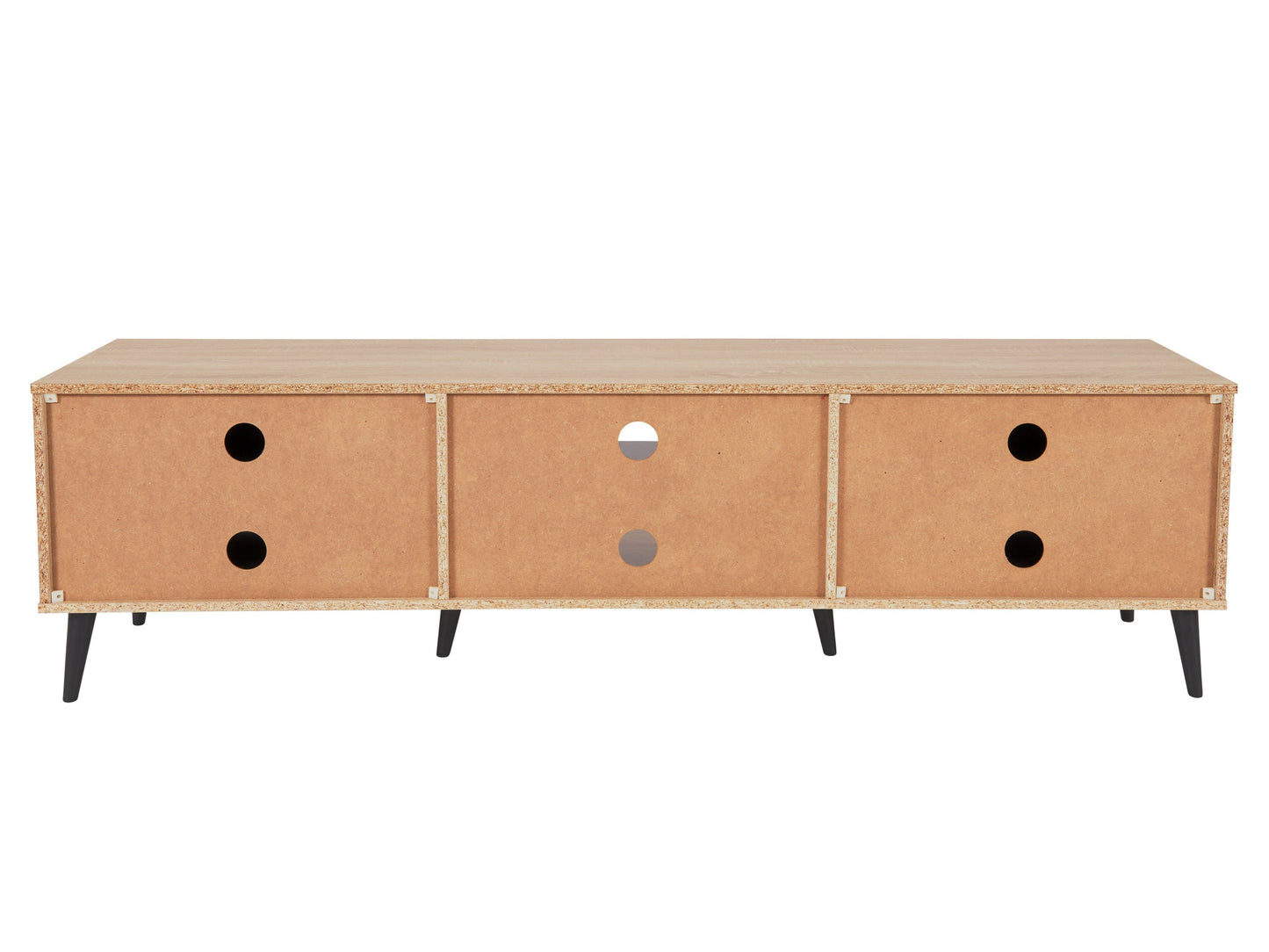 Light wood and grey TV stand with open and closed storage, fits TVs up to 85 inches, featuring a sleek design, multiple shelves, and cabinet doors for organized media equipment storage.