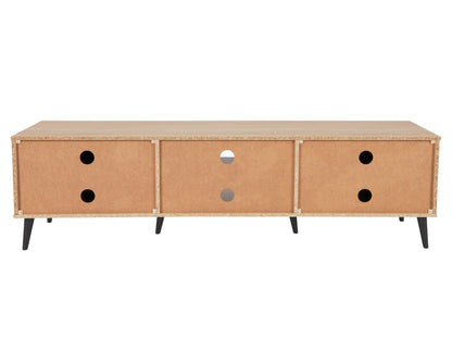 Light wood and grey TV stand with open and closed storage, fits TVs up to 85 inches, featuring a sleek design, multiple shelves, and cabinet doors for organized media equipment storage.