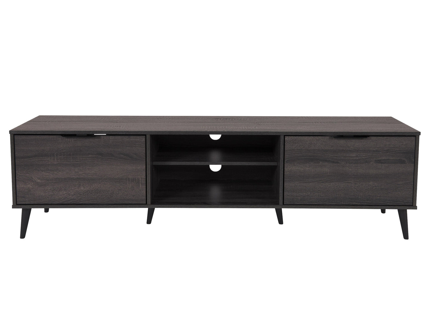 Dark grey TV bench with open and closed storage compartments, suitable for TVs up to 85 inches. Features sleek design, sturdy construction, and ample space for media devices and accessories.