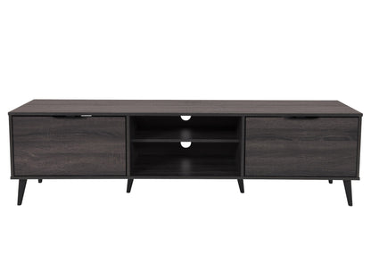 Dark grey TV bench with open and closed storage compartments, suitable for TVs up to 85 inches. Features sleek design, sturdy construction, and ample space for media devices and accessories.