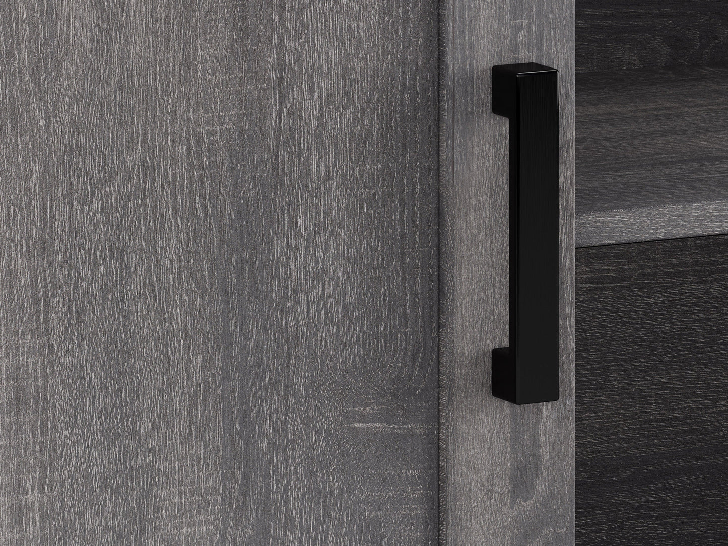 Dark grey TV stand with doors, designed for TVs up to 85 inches. Features sleek, modern design, smooth finish, and ample storage space for media devices and accessories.