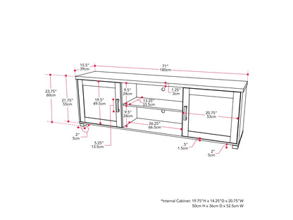 Dark grey TV stand with doors, designed for TVs up to 85 inches. Features sleek, modern design, smooth finish, and ample storage space for media devices and accessories.