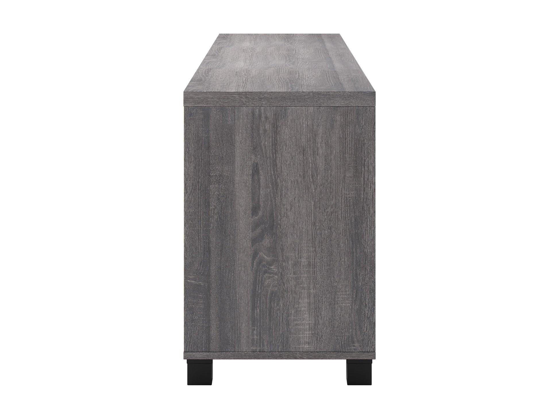 Dark grey TV stand with doors, designed for TVs up to 85 inches. Features sleek, modern design, smooth finish, and ample storage space for media devices and accessories.