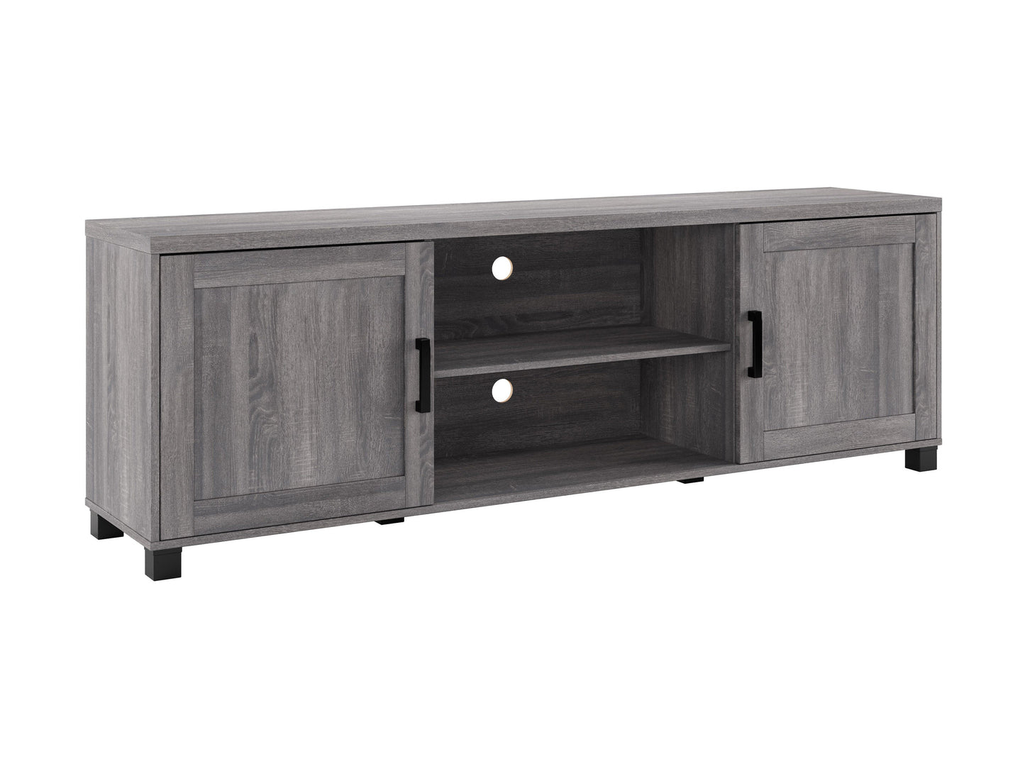 Dark grey TV stand with doors, designed for TVs up to 85 inches. Features sleek, modern design, smooth finish, and ample storage space for media devices and accessories.