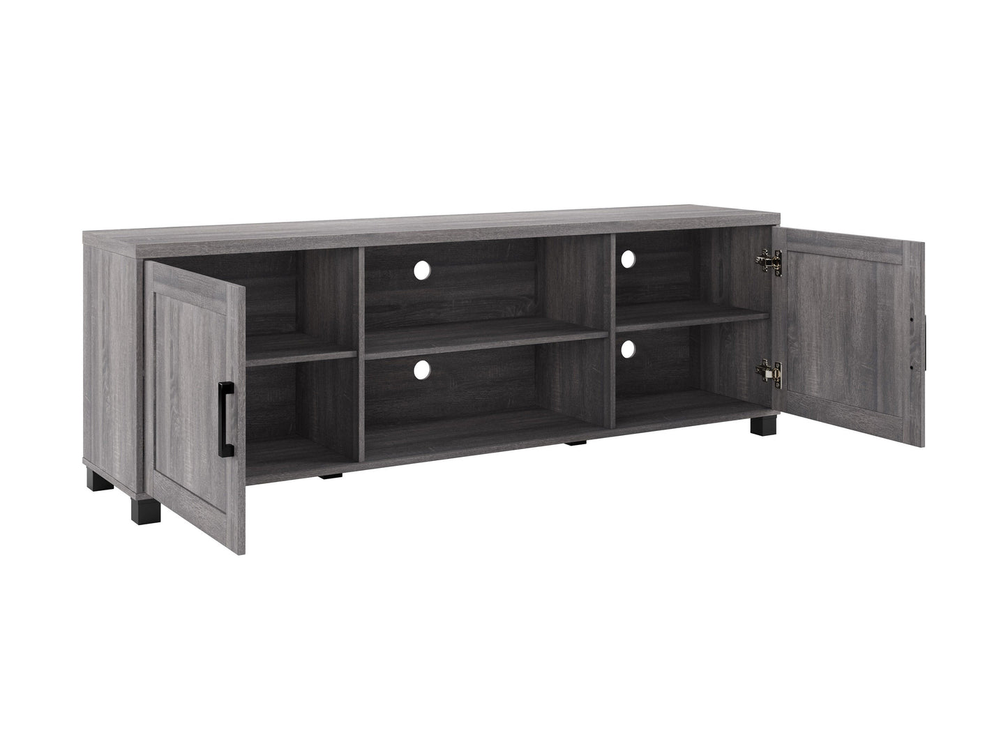 Dark grey TV stand with doors, designed for TVs up to 85 inches. Features sleek, modern design, smooth finish, and ample storage space for media devices and accessories.